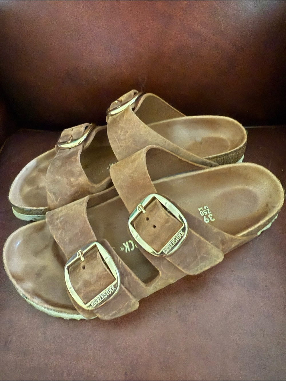Birkenstock Big BuckleArizona TwoStrap Sandals in Chestnut Brown w/ Gold Buckles - Picture 3 of 5